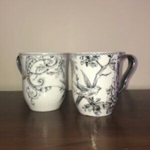 Discontinued 222fifth Adelaide Silver Toile Mugs with Birds - HTF- Set of 2.